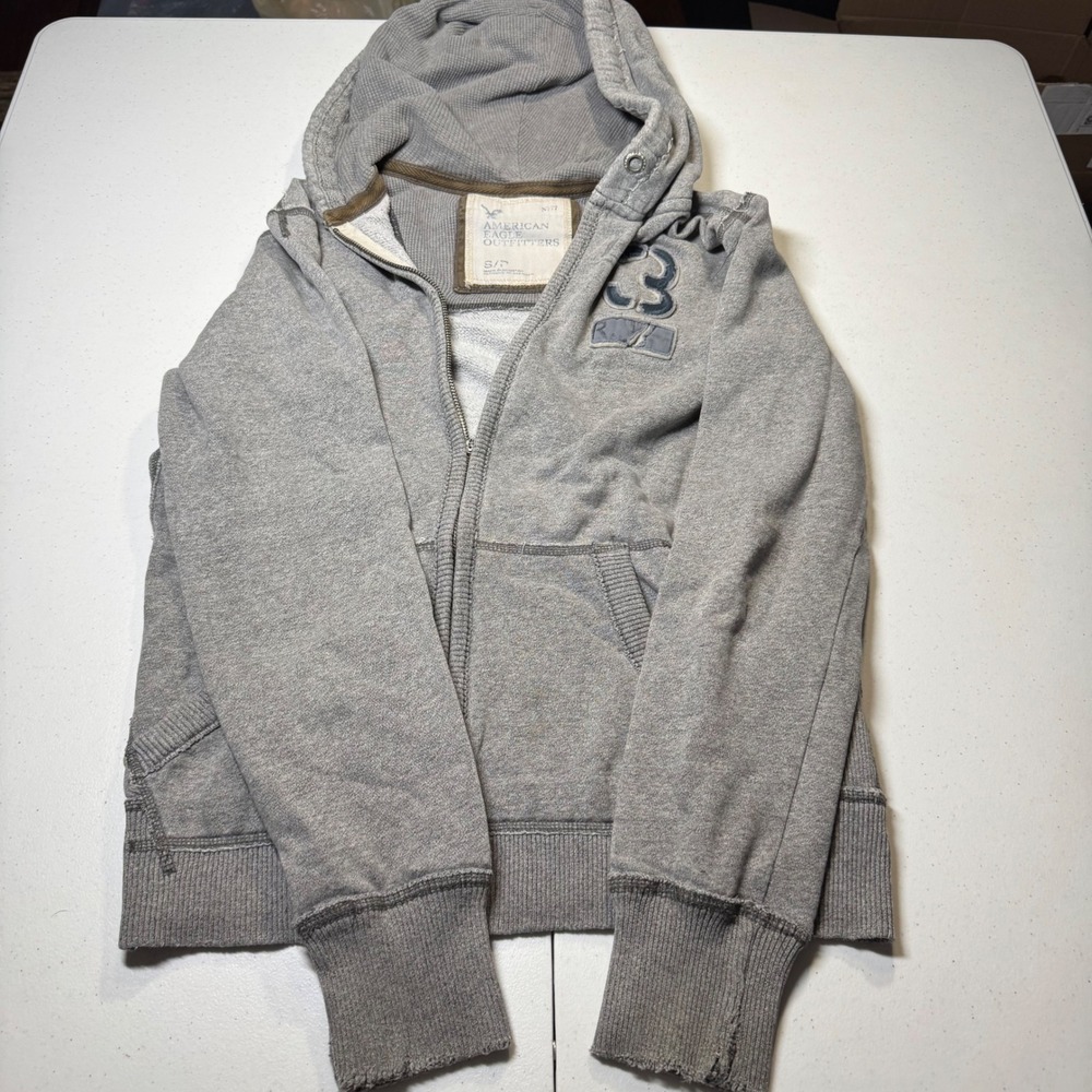 Y2K Vintage American Eagle Outfitters Mens Small Gray Full Zip Hoodie Sweatshirt